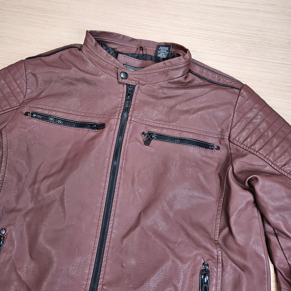Distortion Faux Leather Jacket Mens L Brown Moto Biker Full Zip Casual